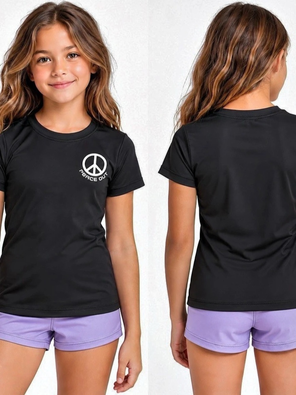 George Girls Black “Peace Out” Short Sleeve Rashguard Swim Shirt Size L/G 10-12Y